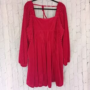 NWOT XL Red Velveteen Ribbed Square Neck Long Sleeve Babydoll Mini Dress